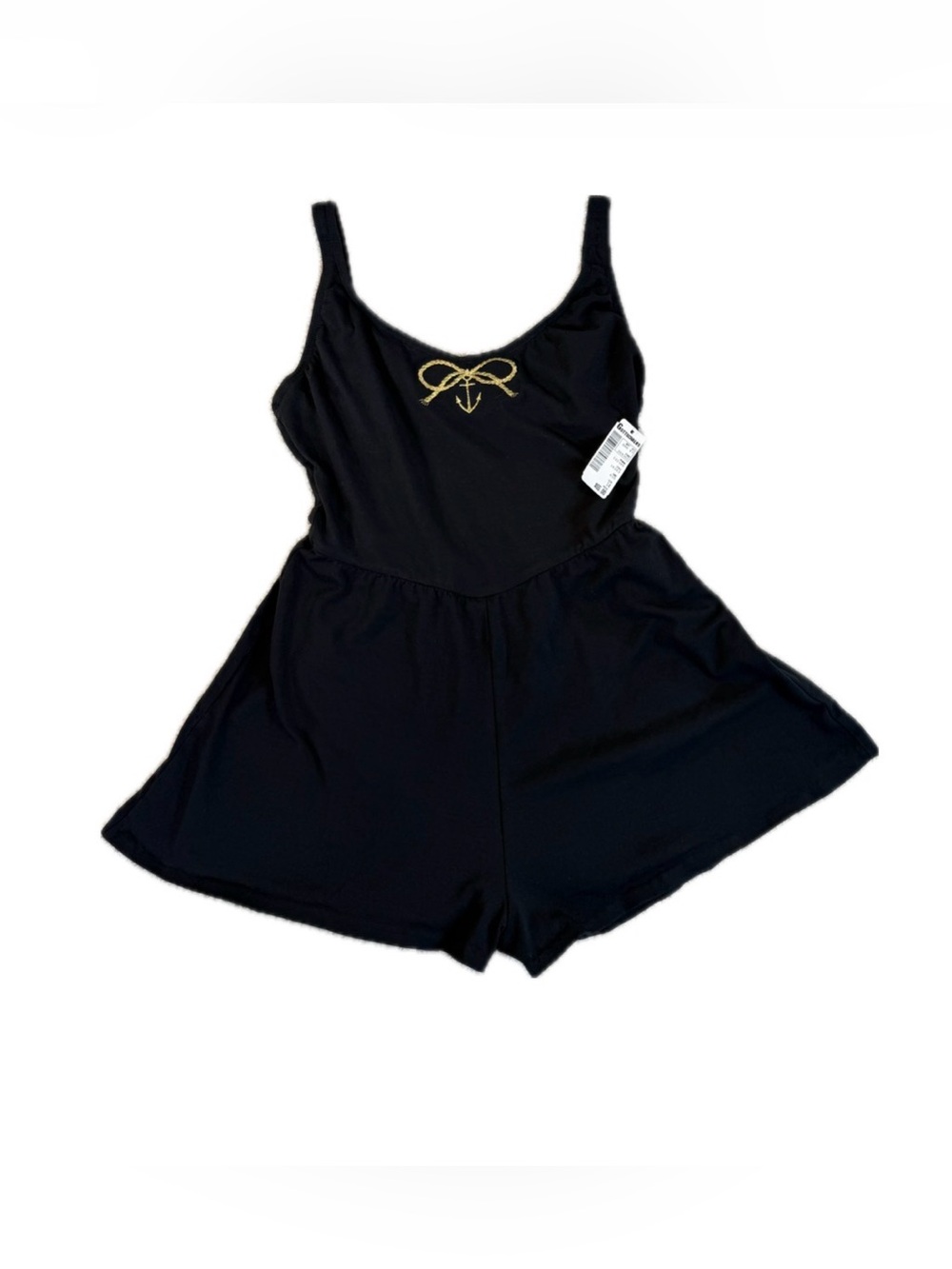 Sirena Vintage Swim Romper Sz 14 Black Gold Anchor Bow Skirted USA Made With Tag